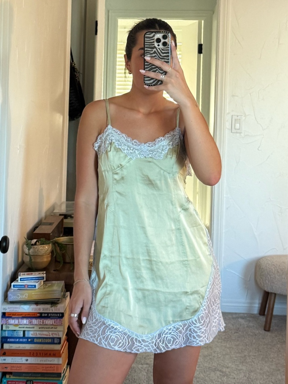 Victoria's Secret Pale Green Satin Mini Slip Dress with Light Blue Lace Trim